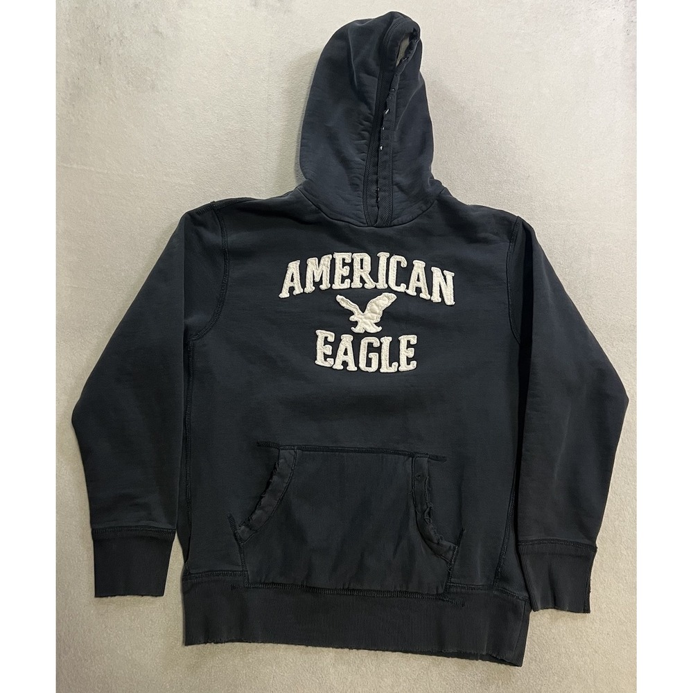 Vintage American Eagle Hoodie Men's Size XL Blue Waffle Knit Thermal Hood Y2K